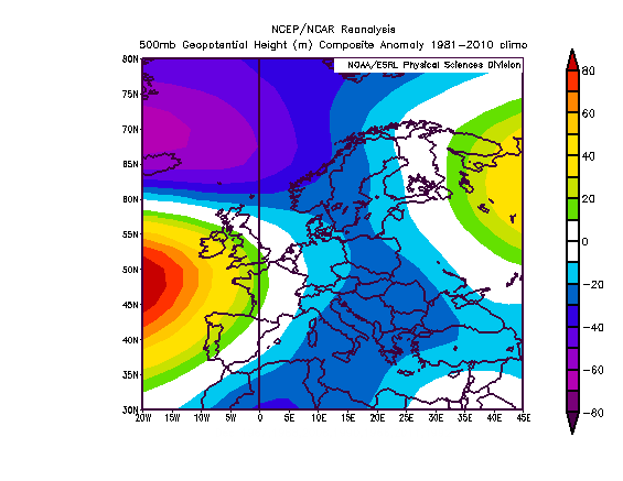 Figura 1 - Anomalie geopotenziali previste per il mese di dicembre 2013