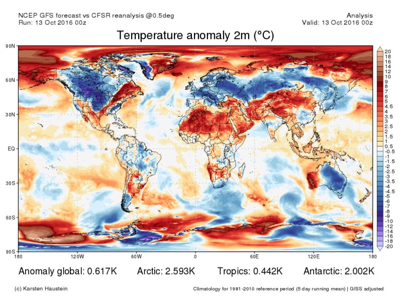 Anomalie termiche globali ottobre 2016 - Raffreddamento Globale